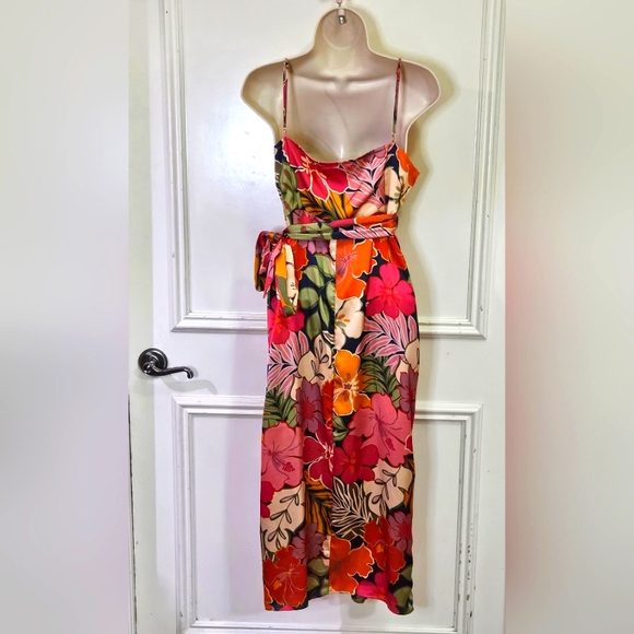 NATIVE CHIC Hot Pink/Green Multi-Color Tropical Satin Wrap Midi Dress, Large - Picture 8 of 16